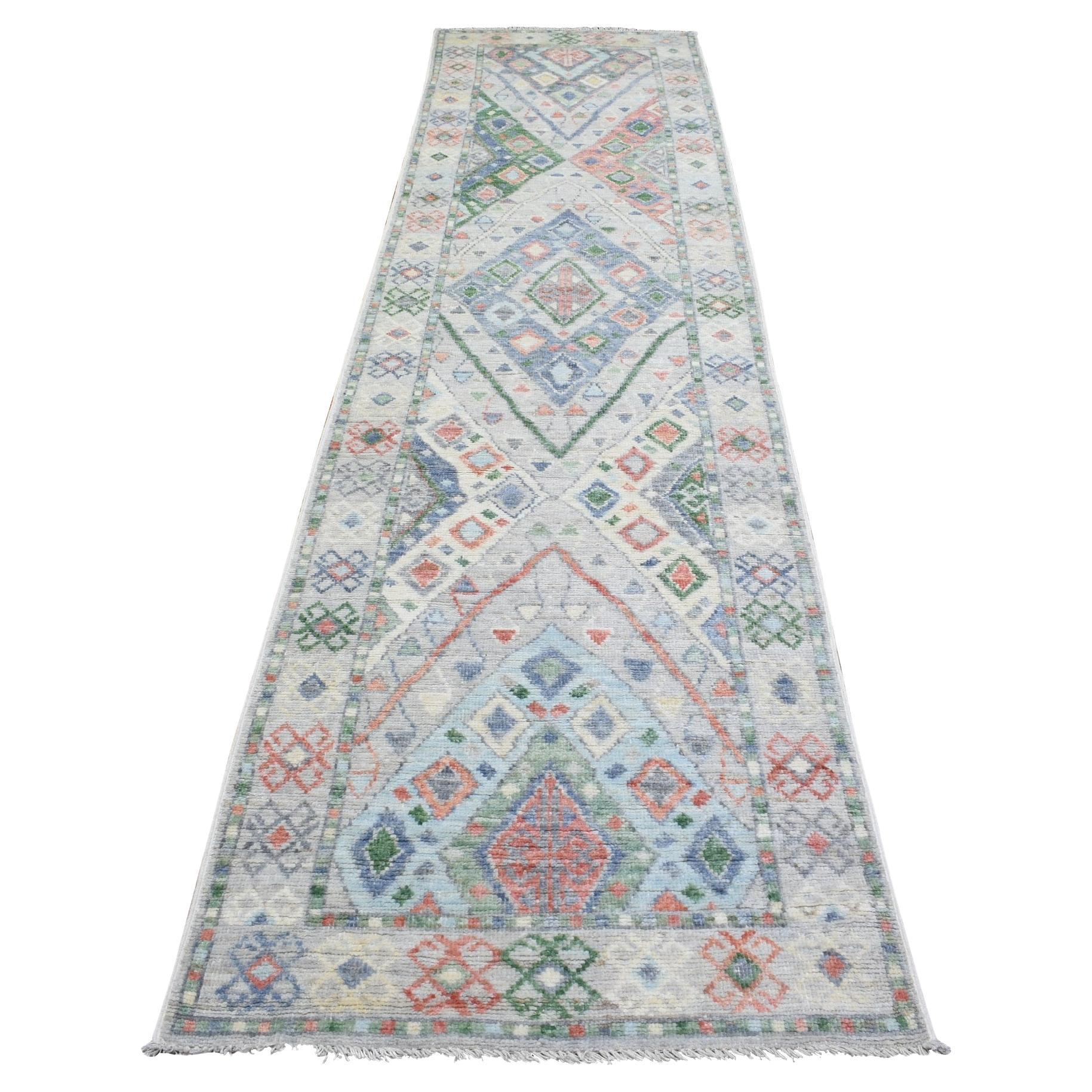 3'x12'1" Gray Hand Knotted Wool Anatolian Village Geometric Design Runner Rug