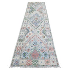 3'x12'1" Gray Hand Knotted Wool Anatolian Village Geometric Design Runner Rug