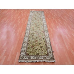 3'x12'1" Green Hand Knotted Rajasthan Design Silk and Wool Runner Oriental Rug