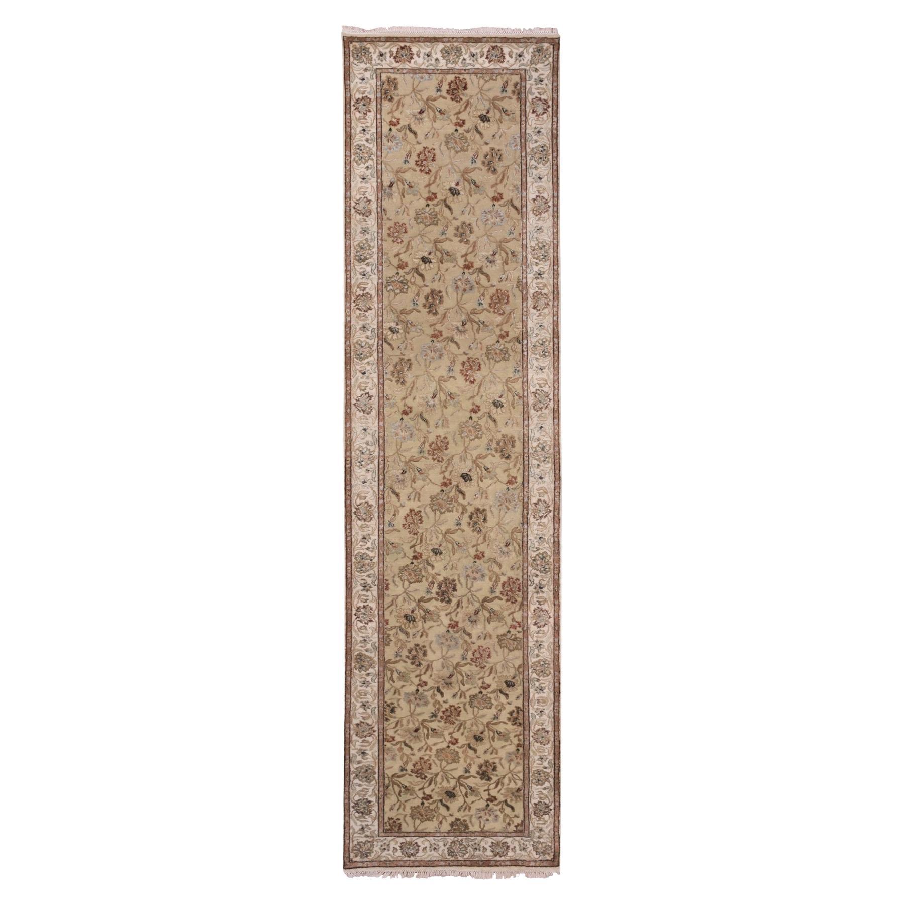3'x12'1" Tapis d'Orient coureur en soie et laine, noué à la main au Rajasthan Design, vert