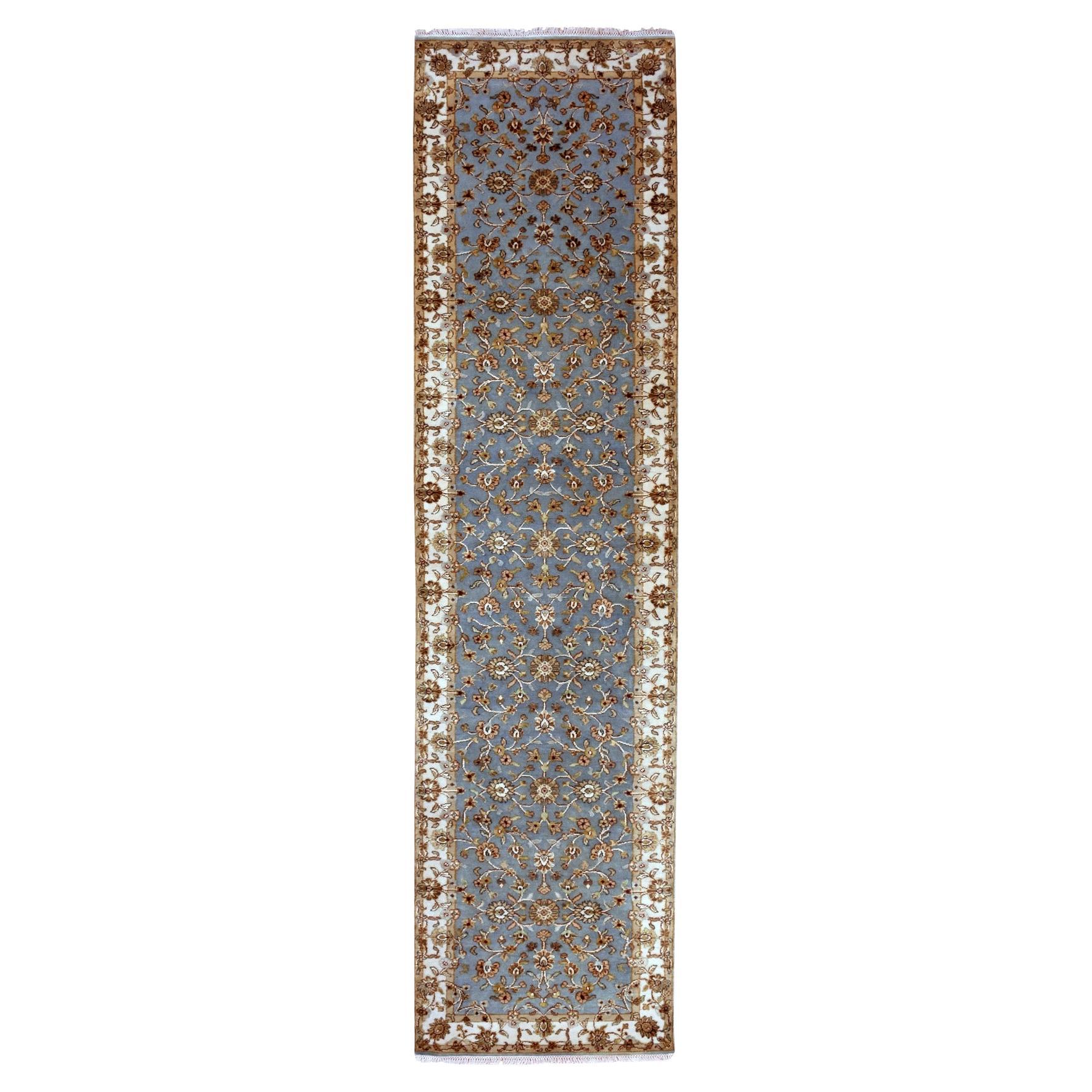 3'x12'2" Blue Hand Knotted Rajasthan Wool and Silk All Over Design Runner Rug