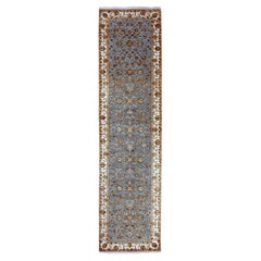 3'x12'2" Blue Hand Knotted Rajasthan Wool and Silk All Over Design Runner Rug