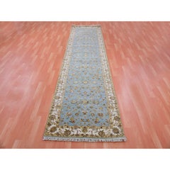 3'x12'2" Windy Blue Hand Knotted Rajasthan Leaf Wool and Silk Runner Rug