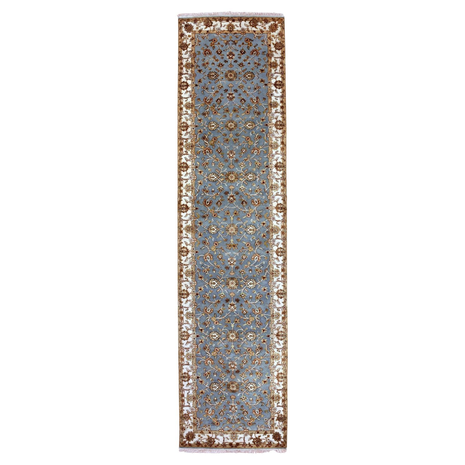 3
x12
2" Windy Blue Tapis de course en laine et soie nouée à la main et ornée de feuilles du Rajasthan