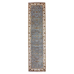 3
x12
2" Windy Blue Tapis de course en laine et soie nouée à la main et ornée de feuilles du Rajasthan