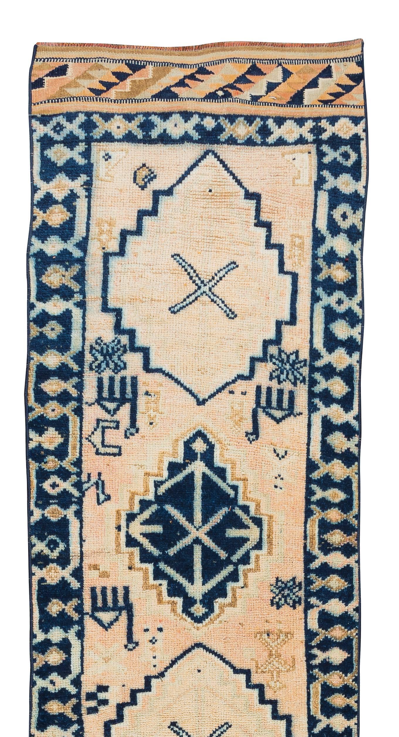 One-of-a-Kind Vintage Handmade Turkish Oushak Runner Rug for Hallway In Good Condition For Sale In Philadelphia, PA