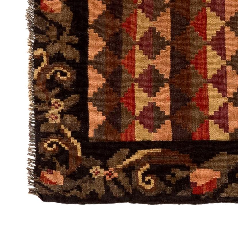 One of a kind vintage Bessarabian Kilim. Measures: 3 x 12.4 Ft
A handwoven Eastern European rug from Moldova. These traditional Moldovan flat-weaves are inspired from vintage Aubusson carpets but they are distinguished with their black grounds,