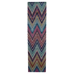 3'x12'3" Pink, Chevron Design, Sari Silk and Wool, Hand Knotted, Runner Rug