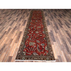3'x12'3" Red Vintage Persian Kashan Hand Knotted Worn Wool Runner Oriental Rug