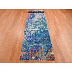 3'x12'4" Admiral Blue THE PEACOCK Sari Silk Colorful Hand Knotted Runner Rug