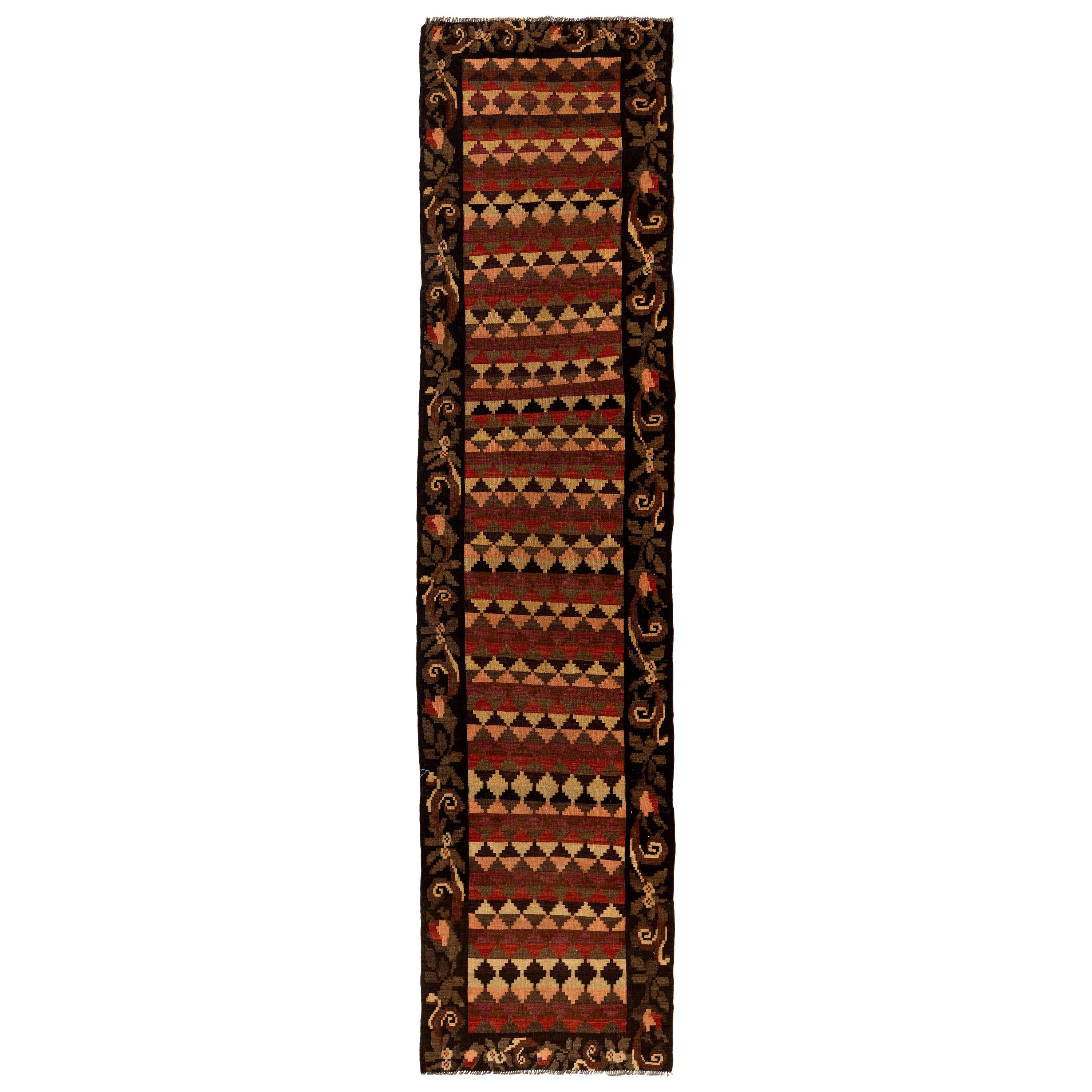 3 x 12.4 Ft Vintage Bessarabian Kilim, Handwoven Wool Runner Rug from Moldova