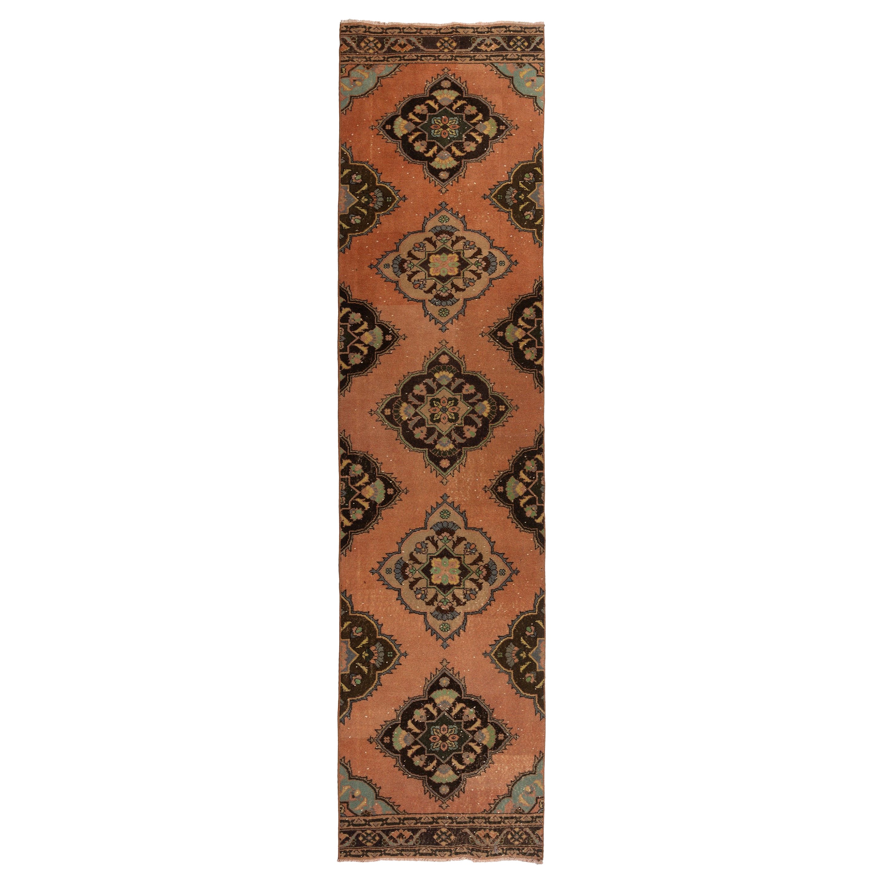 Türkischer 3x12.4 Ft Vintage-Läufer aus Wolle, handgefertigter schmaler Flurteppich
