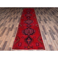 3'x12'4" Red Overdyed Vintage Northwest Zoroastrian Hand Knotted Wool Runner Rug