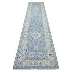 3'x12'7" Blauer handgeknüpfter Vintage Look Kazak mit Medaillons Wolle Läufer Teppich