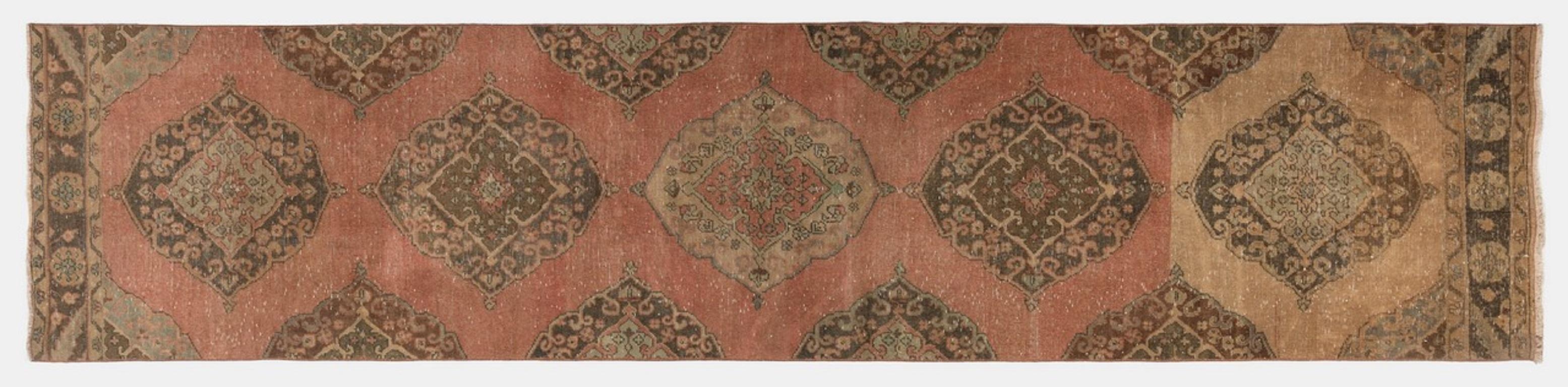 Oushak 3x12.7 Ft Handmade Turkish Village Runner Rug, Vintage Wool Corridor Carpet For Sale