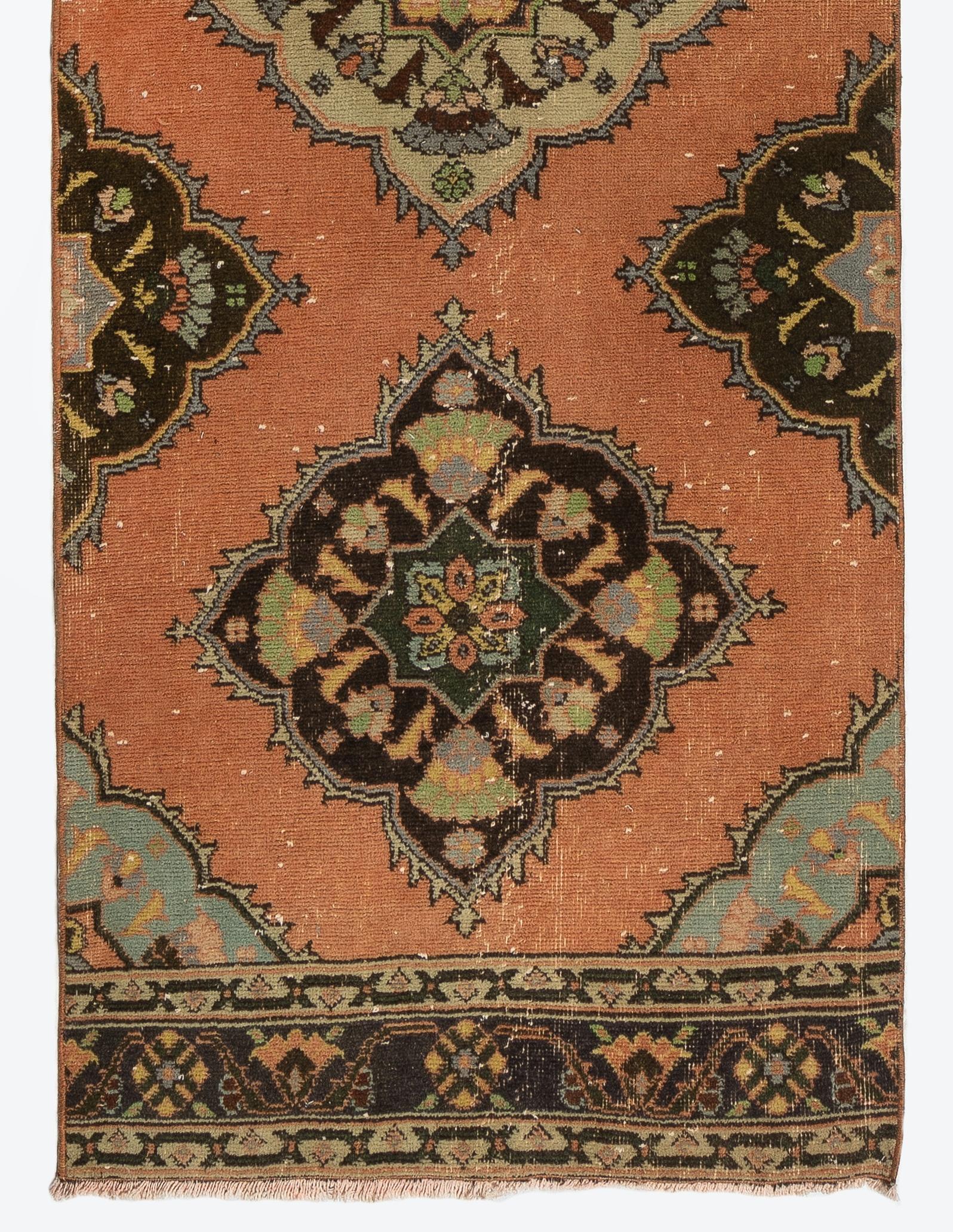 Turkish 3x12.7 Ft Vintage Anatolian Runner Rug, 100% Wool, Hand-Knotted Corridor Carpet For Sale