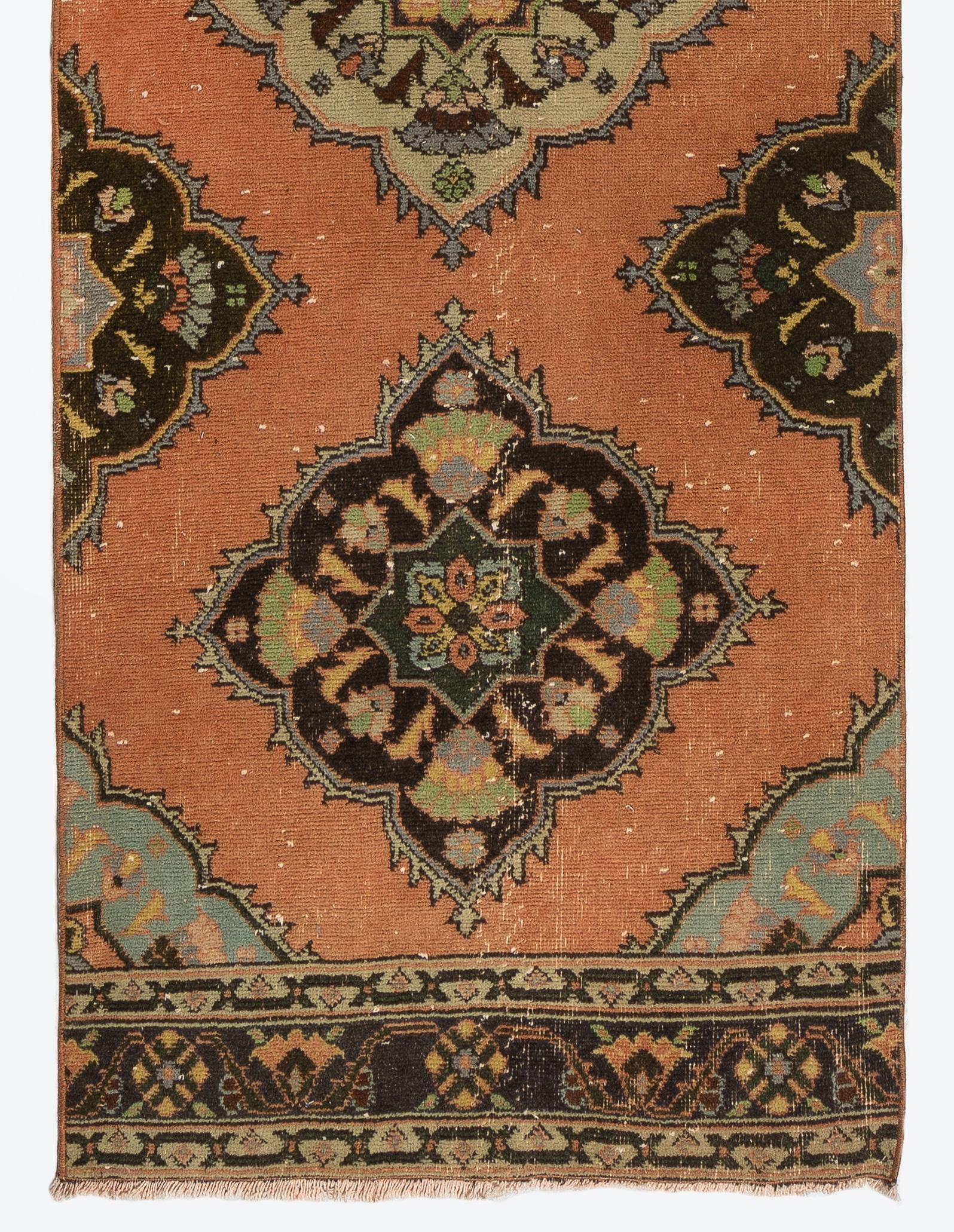 Turkish 3x12.7 Ft Vintage Anatolian Village Runner Rug, 100% Wool Hand-Knotted Carpet For Sale