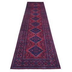 3'x12'8" Deep Red, Afghan Khamyab Velvety Wool Hand Knotted Runner Rug