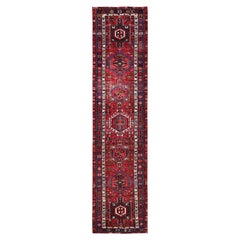Tappeto Runner in pura lana annodato a mano Karajeh rosso bordeaux x12'9".