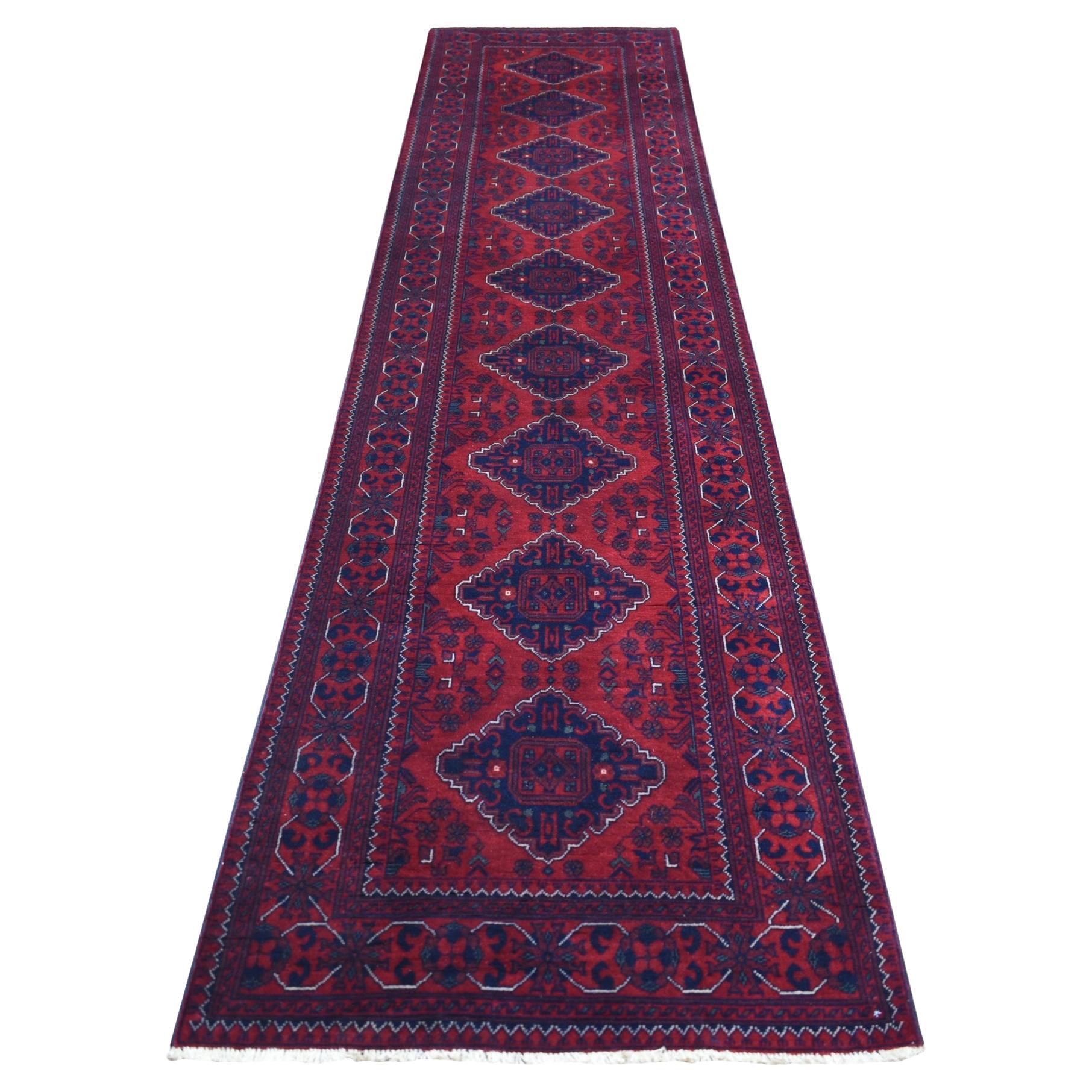 3'x12'9" Deep Red, Pure Wool Hand Knotted, Afghan Khamyab Runner Rug