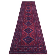 3'x12'9" Deep Red, Pure Wool Hand Knotted, Afghan Khamyab Runner Rug