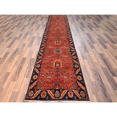 3'x13'3" Alfombra de Corredor Anudada a Mano de Lana con Diseño Heriz Antiguo de Grado Aryana Naranja