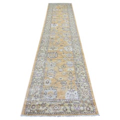 3'x13'6" Brown Hand Knotted Afghan Angora Oushak Leaf Design Wool Runner Rug