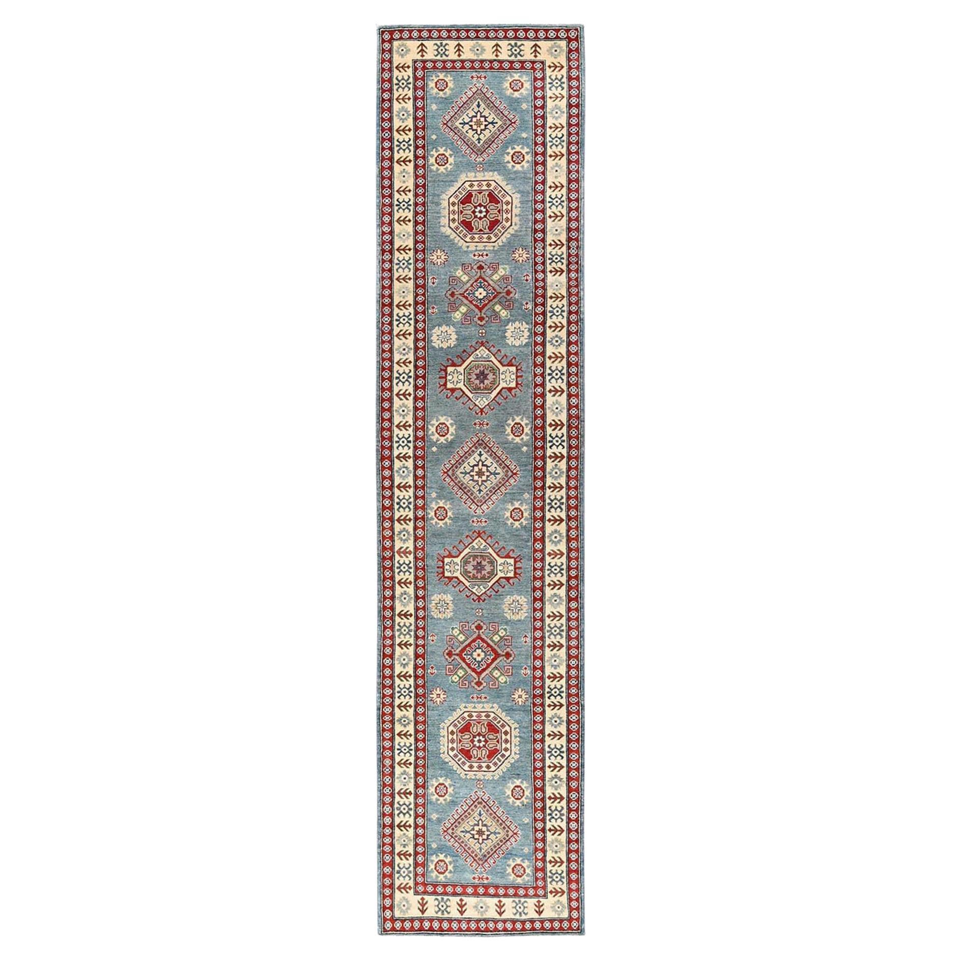 3
x13
8" Blue Kazak Geometric Medallions Design Hand Knotted Wool Runner Rug