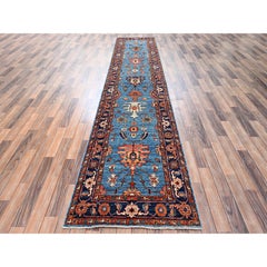 3'x13'9" Marlin Blue Heriz All Over Design Hand Knotted Pure Wool Runner Rug