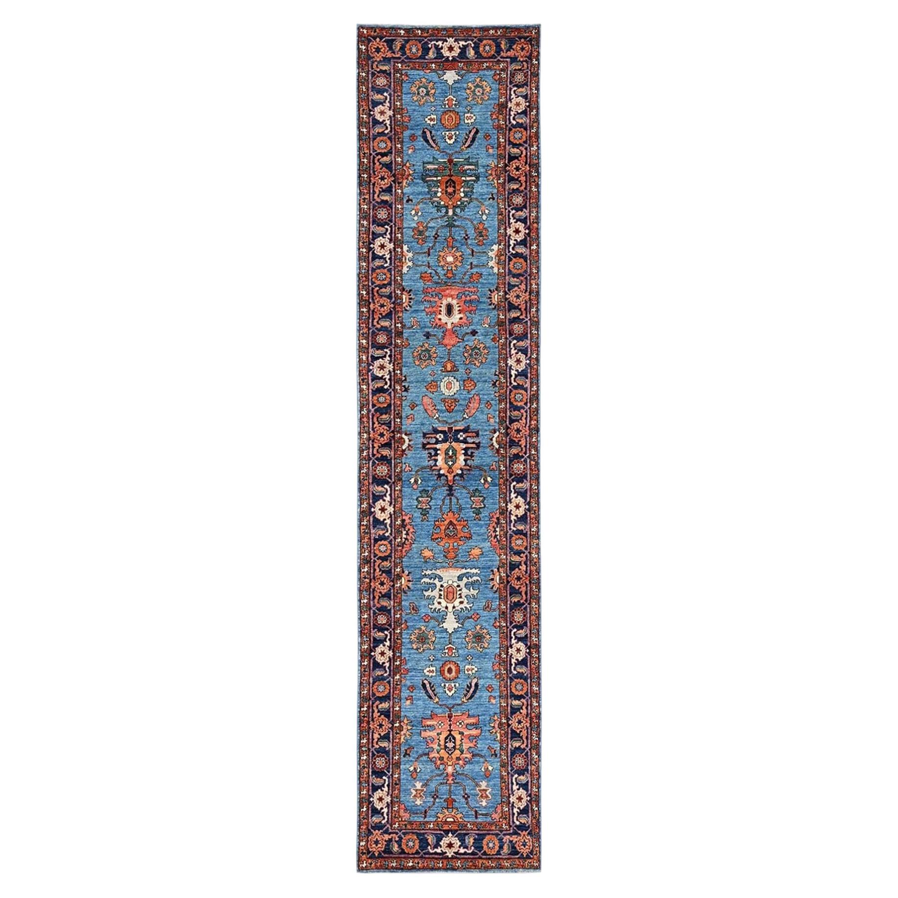 3'x13'9" Marlin Blue Heriz All Over Design Hand Knotted Pure Wool Runner Rug