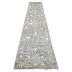 3'x15' Brown Afghan Angora Oushak Leaf Design Hand Knotted Wool Runner Rug