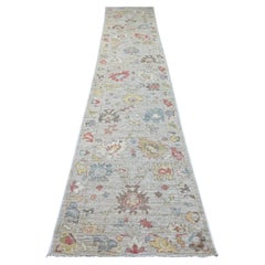 3'x15'3" Grau Afghan Angora Oushak Leaf Design Hand geknüpft Wolle Läufer Teppich