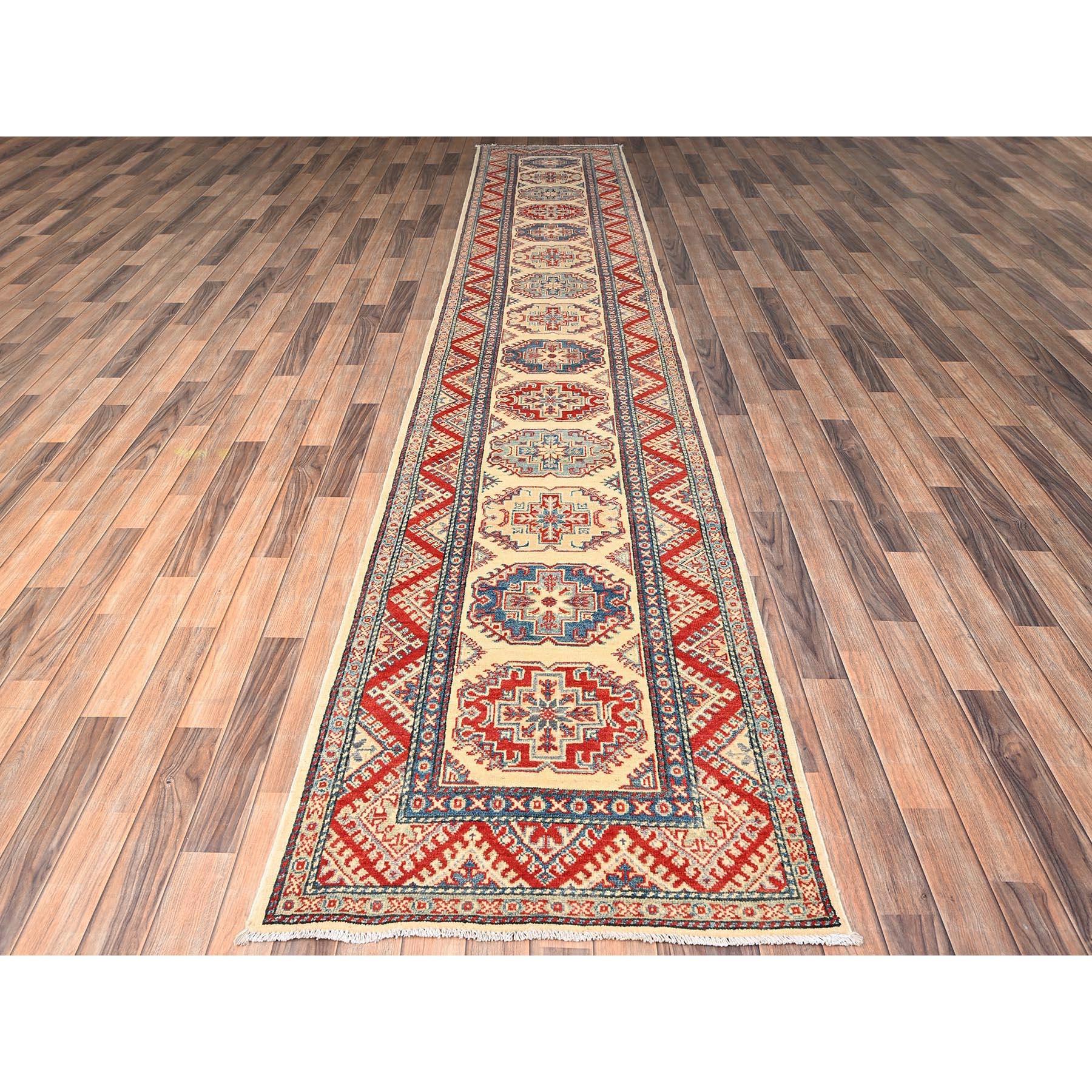 Parchment White, Hand Knotted, Vegetable Dyes, Denser Weave, Kazak with Geometric Medallions Design, Pure Wool, XL, Runner, Oriental Rug
Primary materials: Wool
Latex: No Pile 
height: 0.25 Inches
Style: Traditional
Primary color: Ivory
Secondary