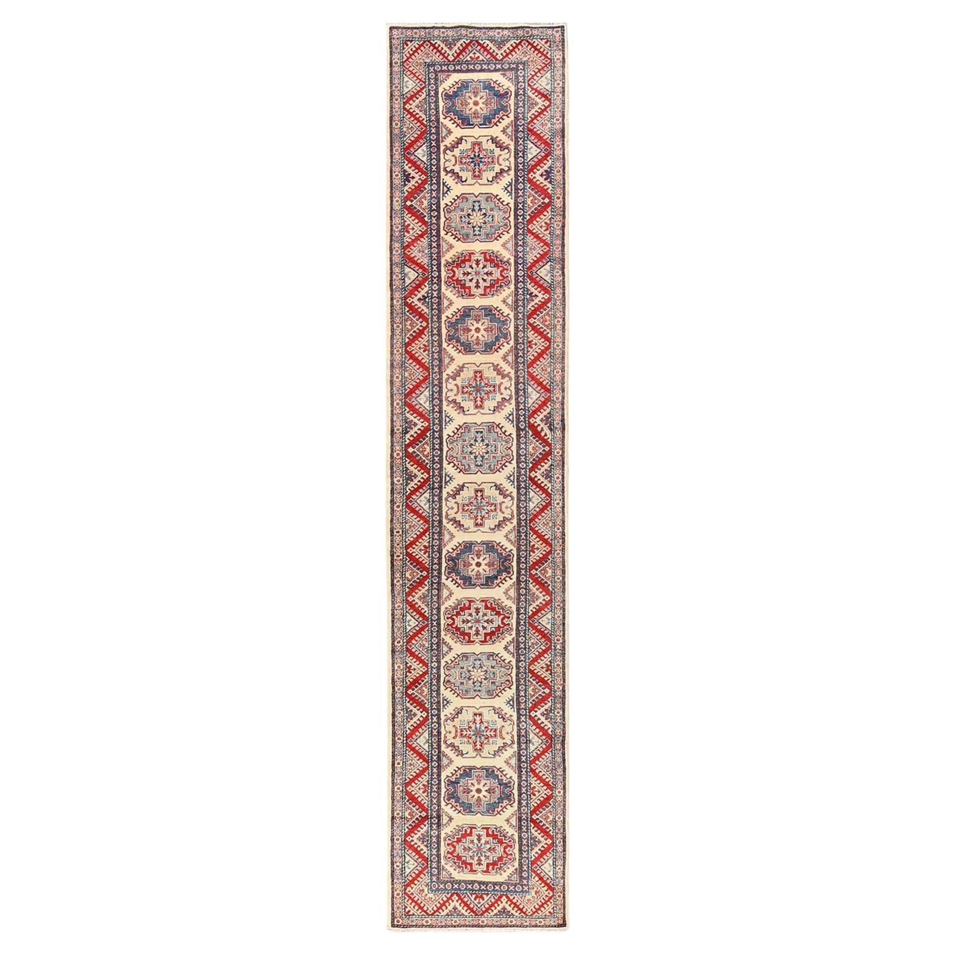 3
x15
3" Ivory Hand Knotted Pure Wool Kazak Geometric Medallions Runner Rug