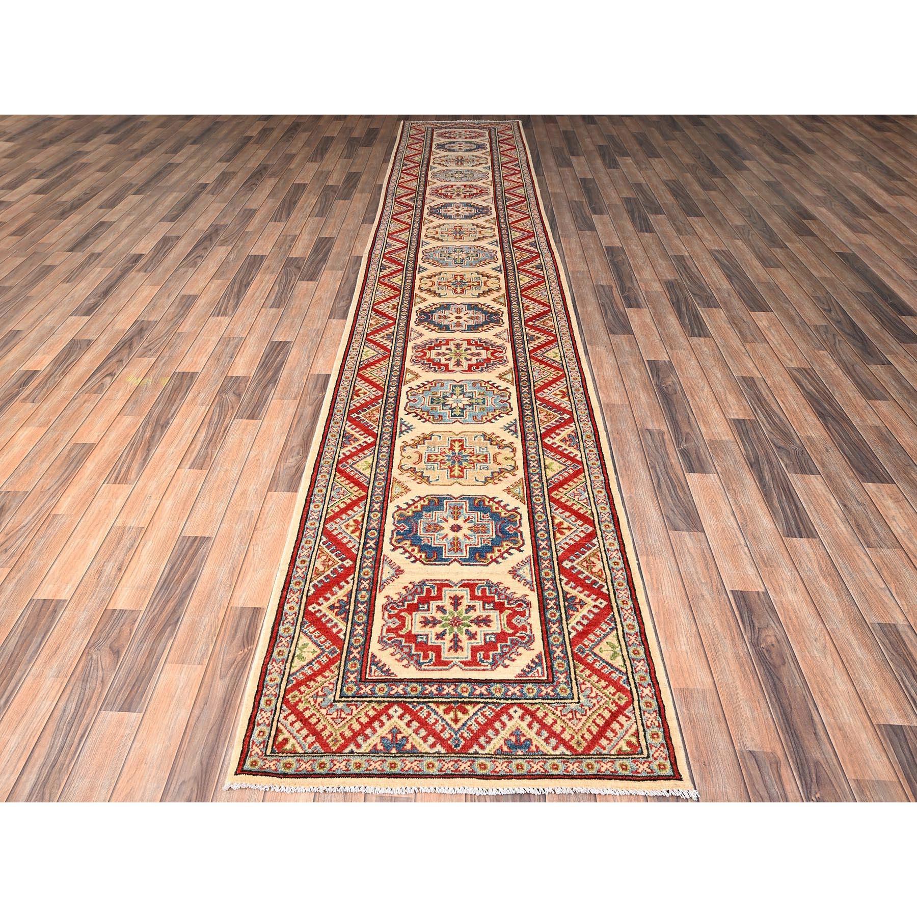 Floral White, Organic Wool, Kazak with Geometric Medallions Design, Hand Knotted, Vegetable Dyes, Denser Weave, XL, Runner, Oriental Rug
Primary materials: Wool
Latex: No Pile 
height: 0.25 Inches
Style: Traditional
Primary color: Ivory
Secondary