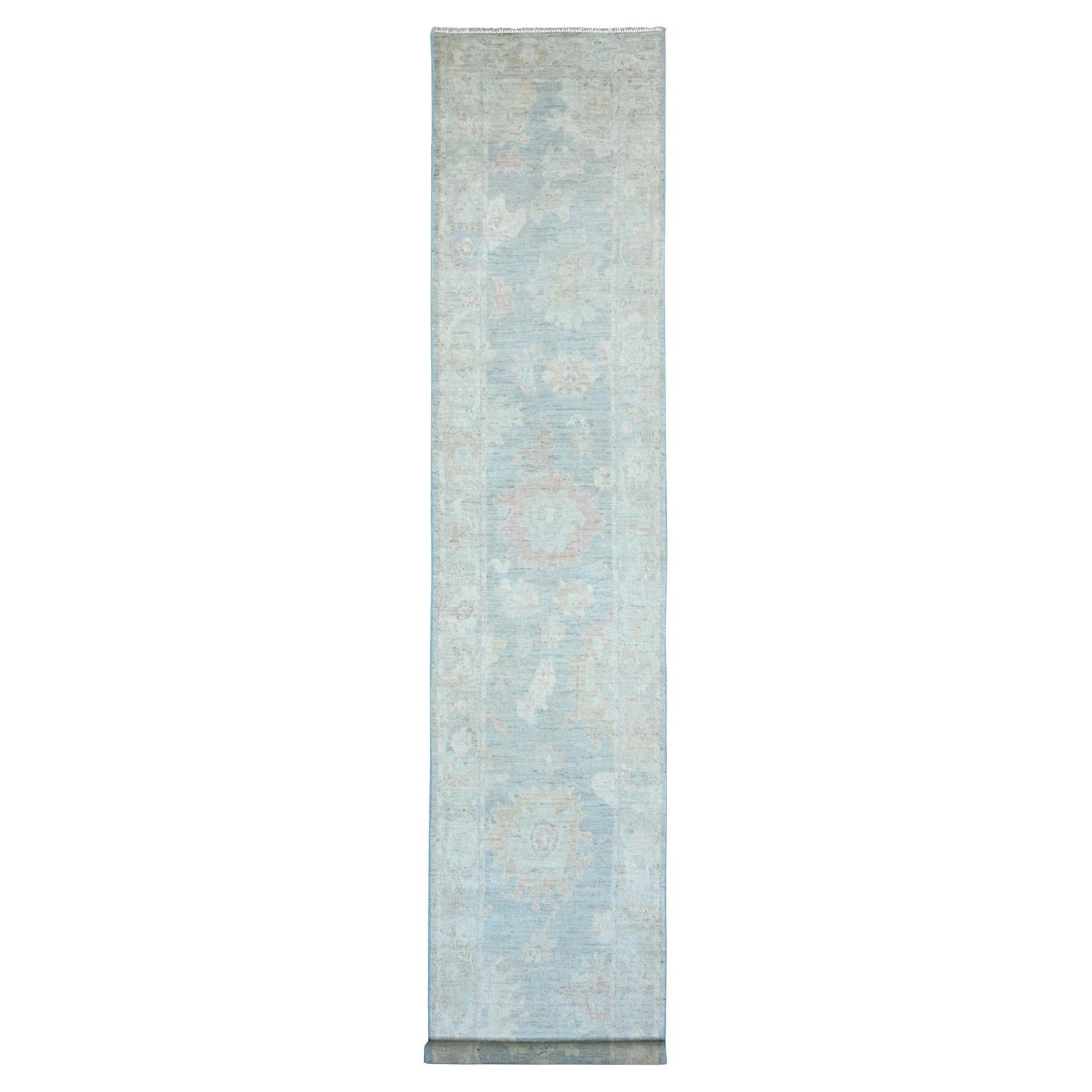 3'x15'6" Blau Afghan Angora Oushak Leaf Design Hand geknüpft alle Wolle Läufer Teppich