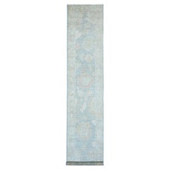 3'x15'6" Blau Afghan Angora Oushak Leaf Design Hand geknüpft alle Wolle Läufer Teppich