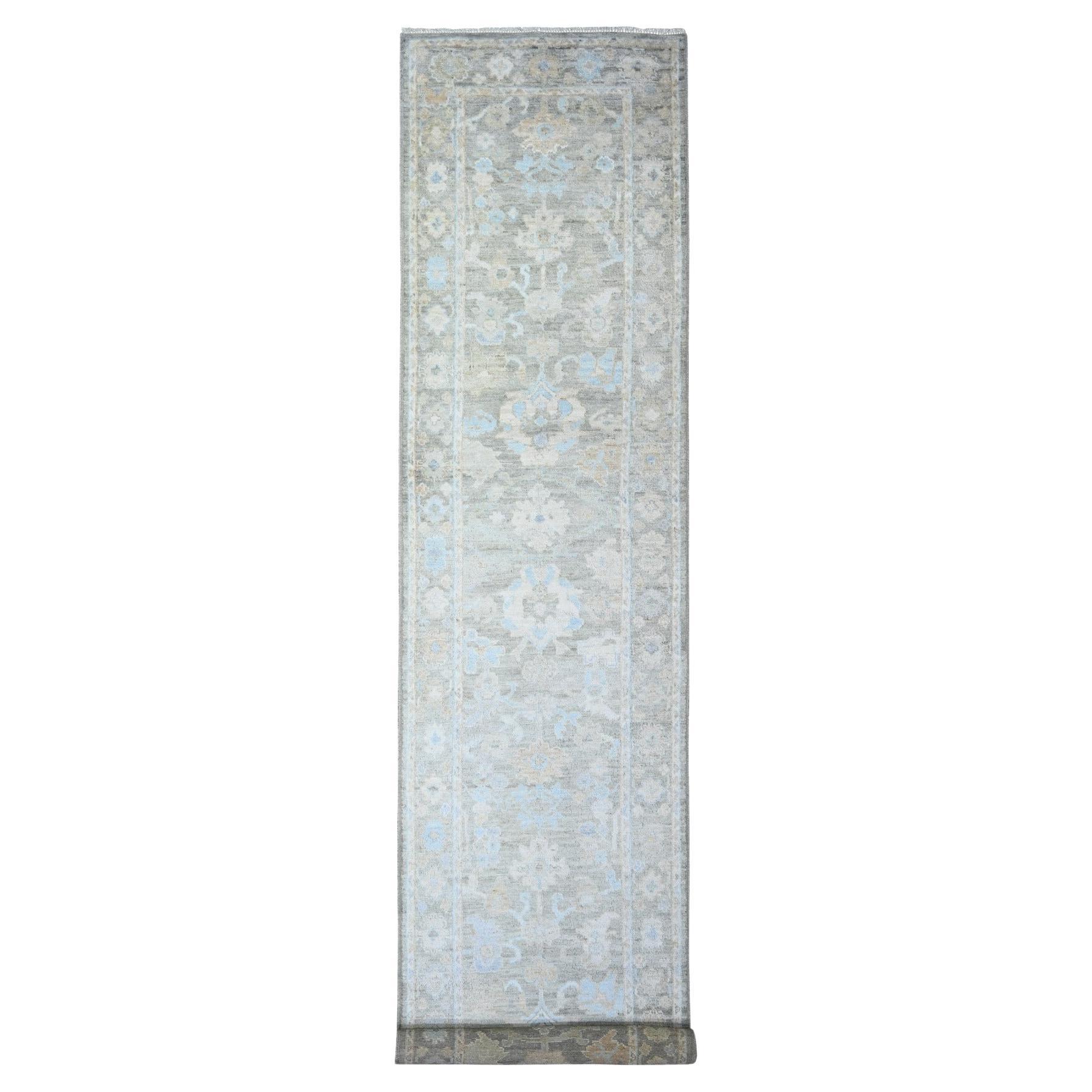 3'x15'9" Gris olive Tapis de course noué à la main Afghan Angora Oushak Pure Laine XL