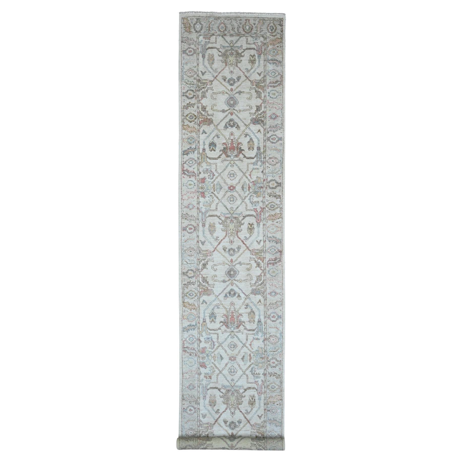 3'x15'9" White Afghan Angora Oushak Vines Design Hand Knotted Wool Runner Rug