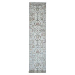 3'x15'9" Weißer Afghanischer Angora Oushak Vines Design Handgeknüpfter Woll-Läufer