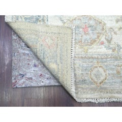 3'x16'4" Oyster White Hand Knotted Angora Oushak Leaf Desng Wool Runner Rug