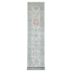 3'x16'4" Oyster White Hand Knotted Angora Oushak Leaf Desng Wool Runner Rug