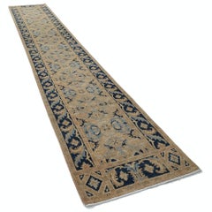 3x17 ft Handknotted Beige, Navy Blue, Light Blue Long Runner Rug, 100% Wool