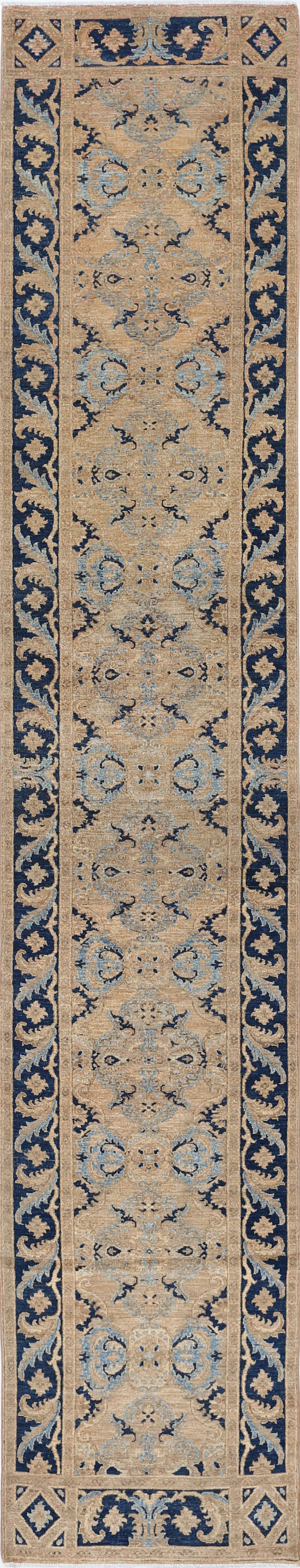 3x17 ft Handknotted Beige, Navy Blue, Light Blue Long Runner Rug, 100% Wool