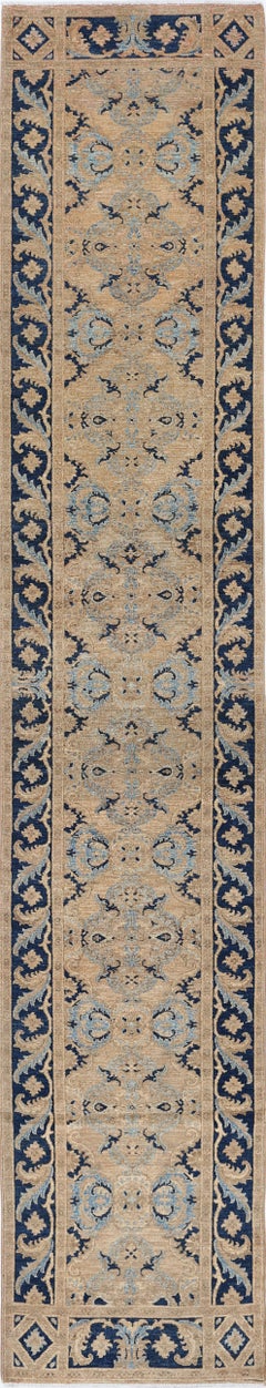 3x17 ft Handknotted Beige, Navy Blue, Light Blue Long Runner Rug, 100% Wool