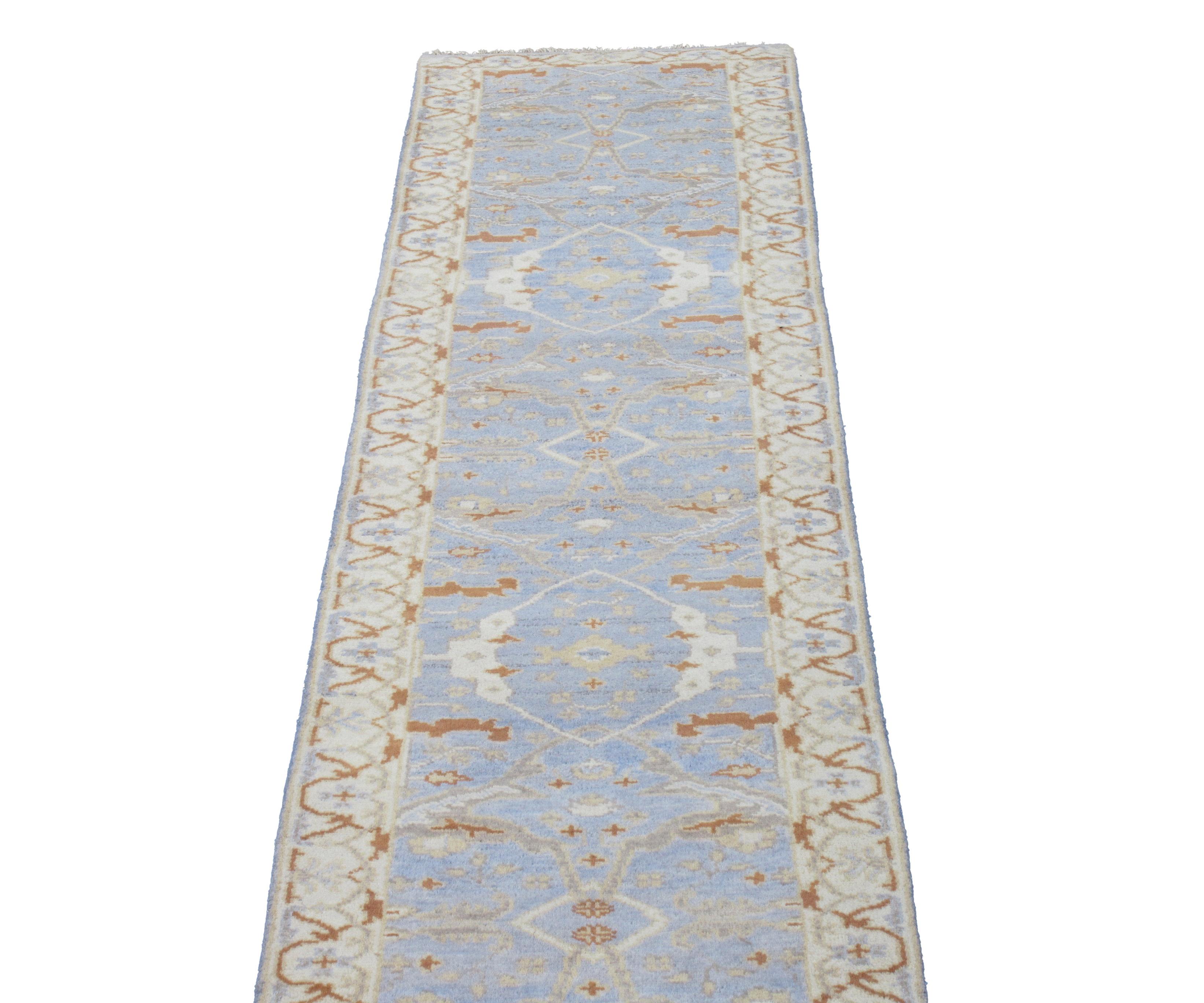 Hand-Knotted Grey Oushak Runner For Sale