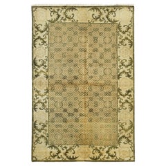 3x18 Green Hand-Knotted Wool Scrolled Leaf Border Geometric Modern Carpet Rug