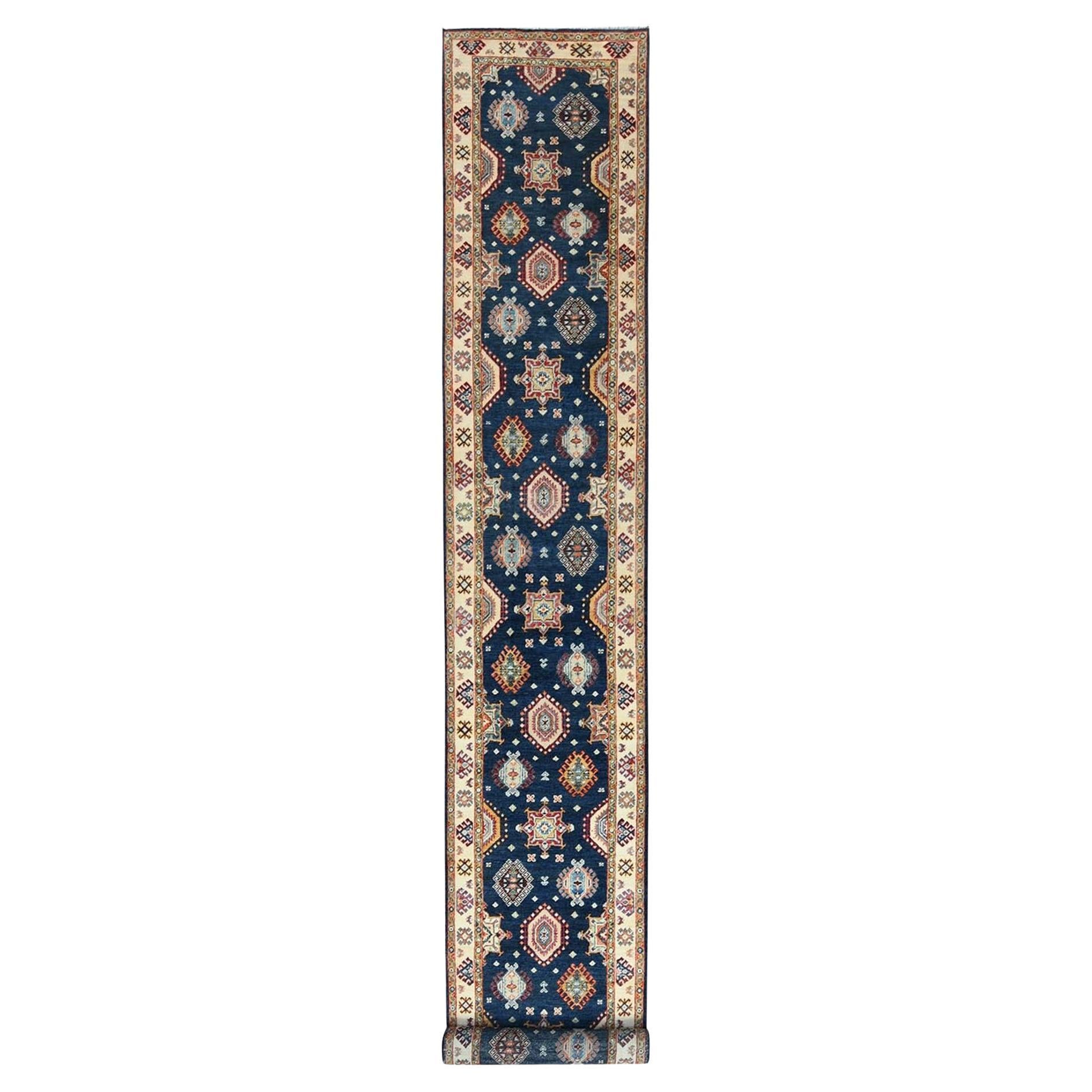 3'x18'6" Azul Yale Especial Kazak Suave Lana Anudada a Mano Alfombra Oriental XL Runner