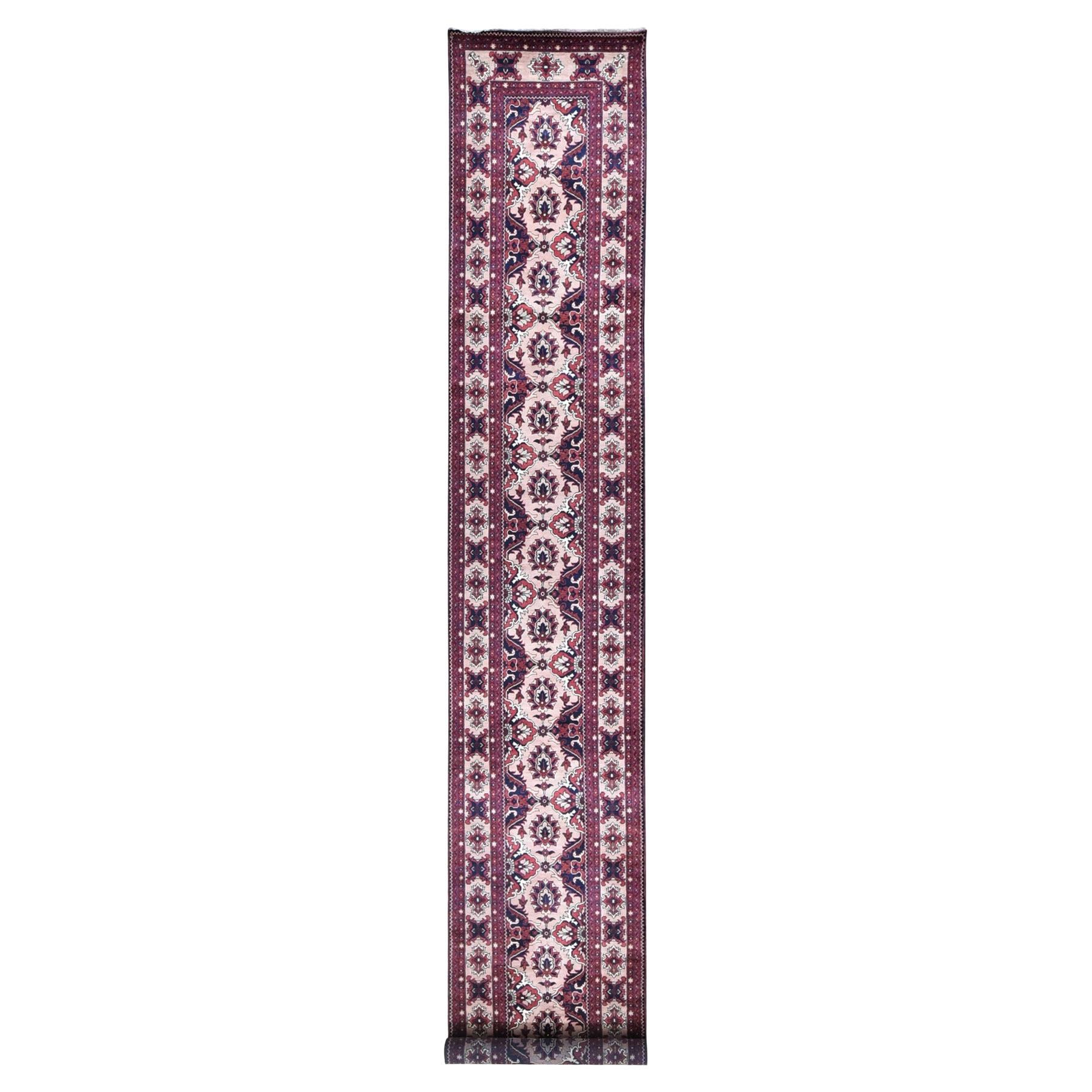 3'x19' Rosa tenue, Khamyab afgano, lana lucida annodata a mano, tappeto runner XL in vendita