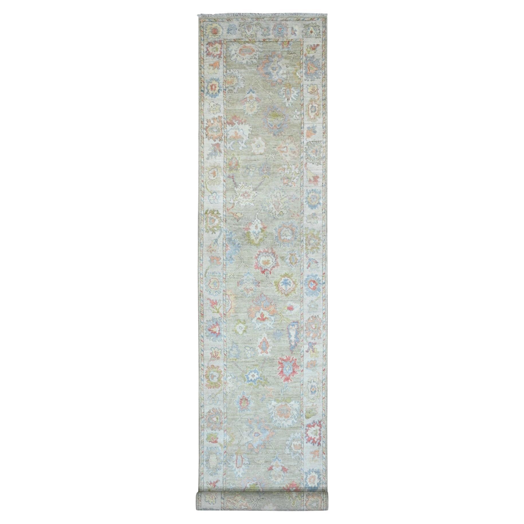3'x19'10" Green Hand Knotted Afghan Angora Oushak Pure Wool Runner Oriental Rug